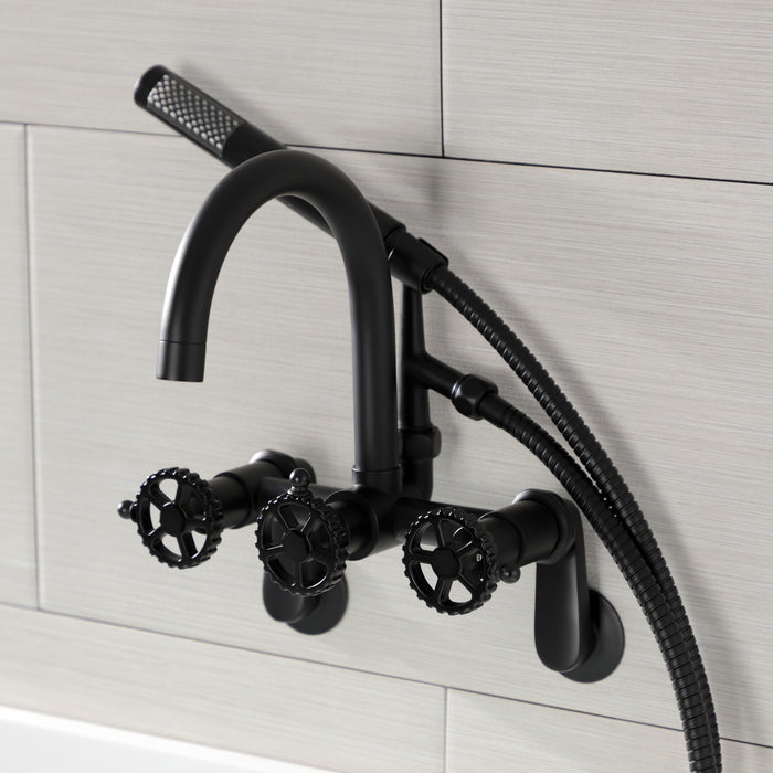 Kingston Sona AE8150CG - Fuller Three-Handle 2-Hole Tub Wall Mount Clawfoot Tub Faucet with Hand Shower, Matte Black