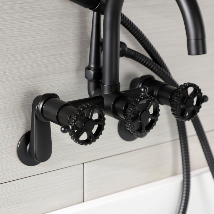 Kingston Sona AE8150CG - Fuller Three-Handle 2-Hole Tub Wall Mount Clawfoot Tub Faucet with Hand Shower, Matte Black