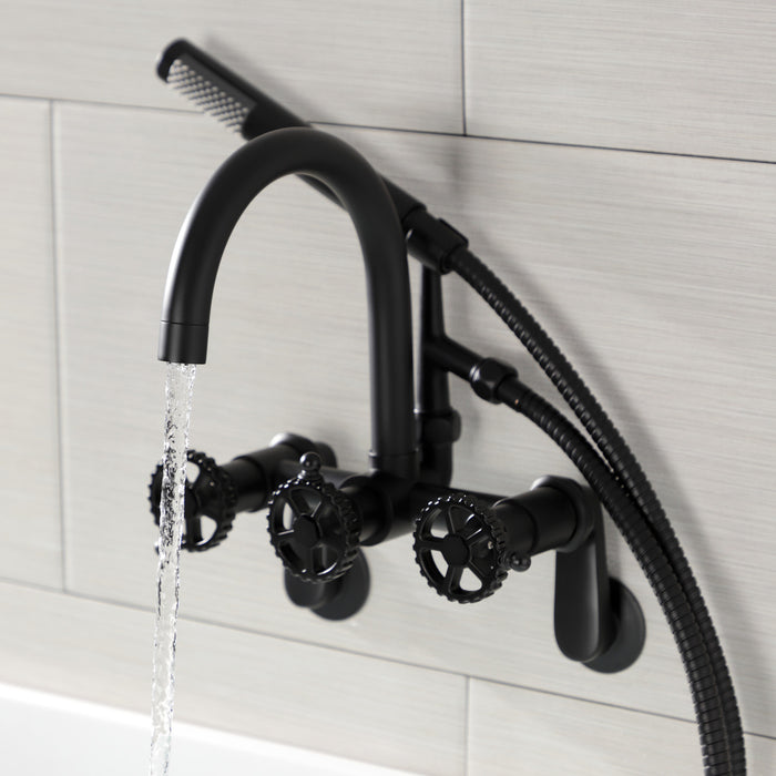 Kingston Sona AE8150CG - Fuller Three-Handle 2-Hole Tub Wall Mount Clawfoot Tub Faucet with Hand Shower, Matte Black