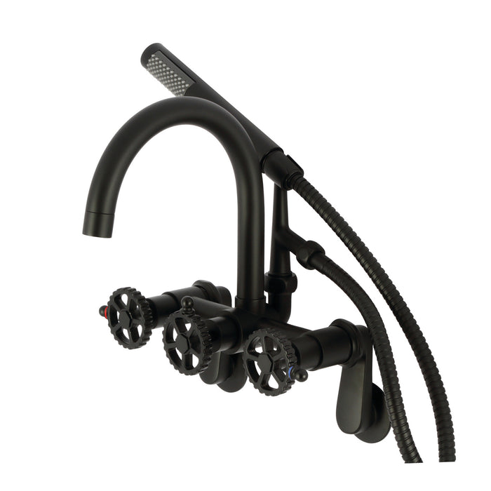 Kingston Sona AE8150CG - Fuller Three-Handle 2-Hole Tub Wall Mount Clawfoot Tub Faucet with Hand Shower, Matte Black