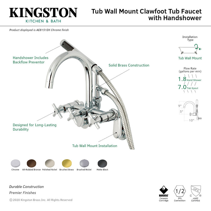 Kingston Sona AE8150DX - Concord Three-Handle 2-Hole Tub Wall Mount Clawfoot Tub Faucet with Hand Shower, Matte Black