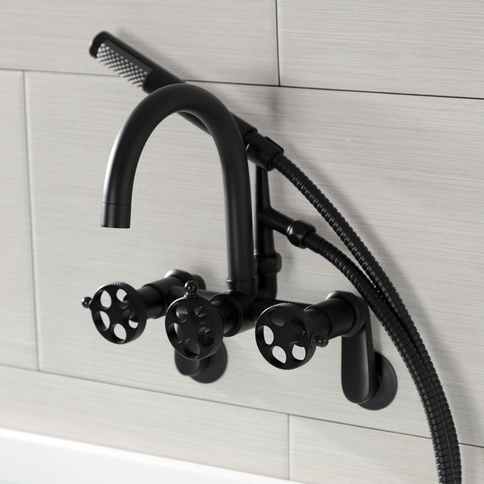 Kingston Sona AE8150RKX - Webb Three-Handle 2-Hole Adjustable Wall Mount Clawfoot Tub Faucet with Knurled Handle and Hand Shower, Matte Black