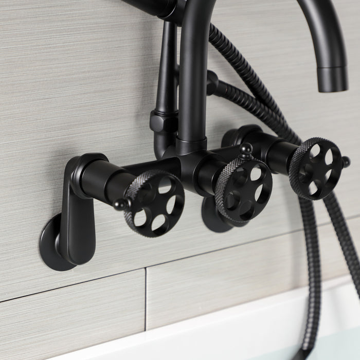 Kingston Sona AE8150RKX - Webb Three-Handle 2-Hole Adjustable Wall Mount Clawfoot Tub Faucet with Knurled Handle and Hand Shower, Matte Black