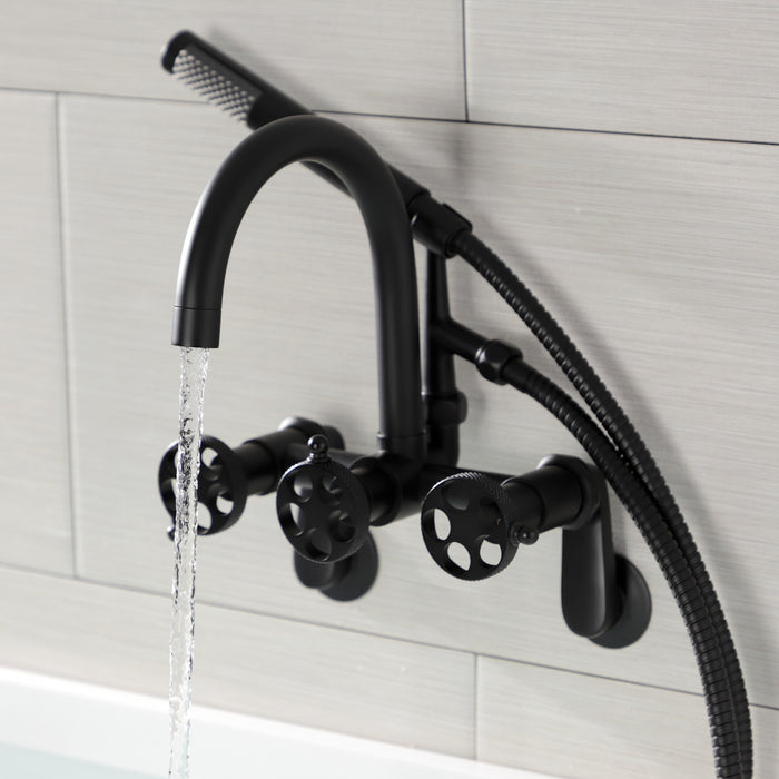 Kingston Sona AE8150RKX - Webb Three-Handle 2-Hole Adjustable Wall Mount Clawfoot Tub Faucet with Knurled Handle and Hand Shower, Matte Black