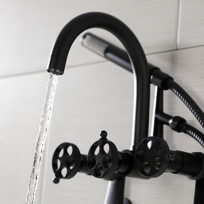 Kingston Sona AE8150RKX - Webb Three-Handle 2-Hole Adjustable Wall Mount Clawfoot Tub Faucet with Knurled Handle and Hand Shower, Matte Black