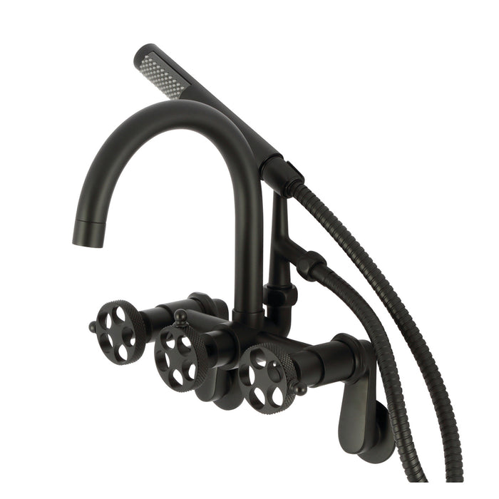 Kingston Sona AE8150RKX - Webb Three-Handle 2-Hole Adjustable Wall Mount Clawfoot Tub Faucet with Knurled Handle and Hand Shower, Matte Black