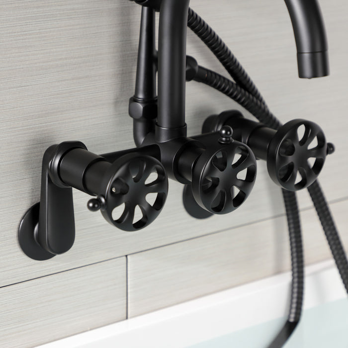 Kingston Sona AE8150RX - Belknap Three-Handle 2-Hole Tub Wall Mount Clawfoot Tub Faucet with Hand Shower, Matte Black