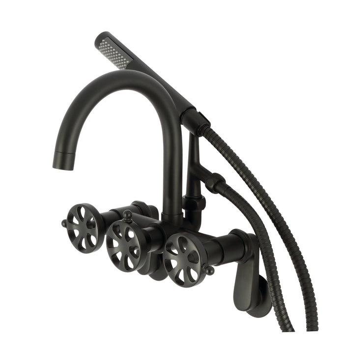 Kingston Sona AE8150RX - Belknap Three-Handle 2-Hole Tub Wall Mount Clawfoot Tub Faucet with Hand Shower, Matte Black