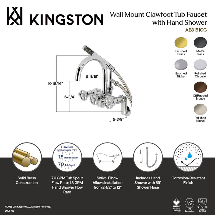 Kingston Sona AE8151CG - Fuller Three-Handle 2-Hole Tub Wall Mount Clawfoot Tub Faucet with Hand Shower, Polished Chrome