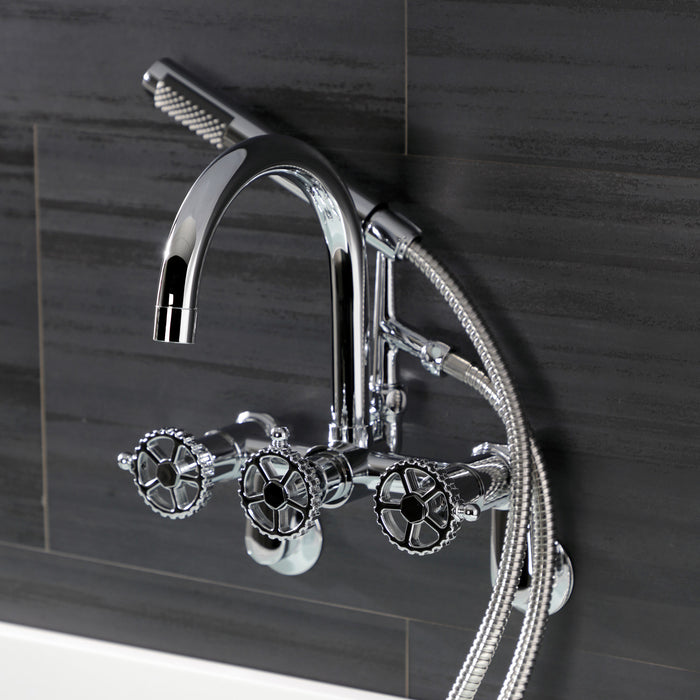Kingston Sona AE8151CG - Fuller Three-Handle 2-Hole Tub Wall Mount Clawfoot Tub Faucet with Hand Shower, Polished Chrome