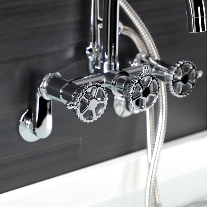 Kingston Sona AE8151CG - Fuller Three-Handle 2-Hole Tub Wall Mount Clawfoot Tub Faucet with Hand Shower, Polished Chrome