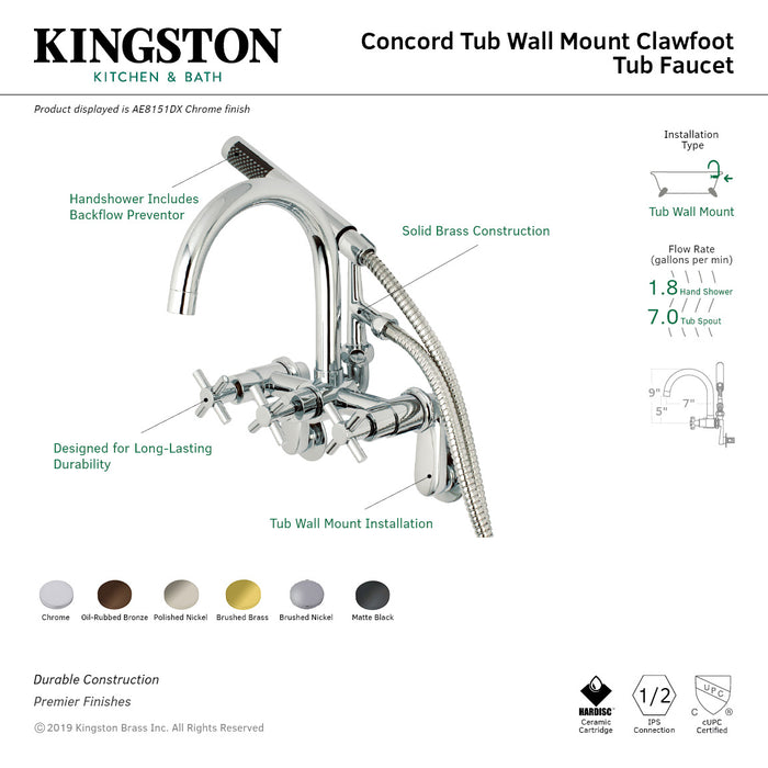 Kingston Sona AE8151DX - Concord Three-Handle 2-Hole Tub Wall Mount Clawfoot Tub Faucet with Hand Shower, Polished Chrome
