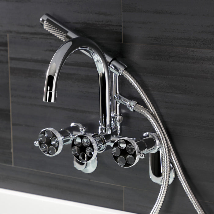 Kingston Sona AE8151RKX - Webb Three-Handle 2-Hole Adjustable Wall Mount Clawfoot Tub Faucet with Knurled Handle and Hand Shower, Polished Chrome