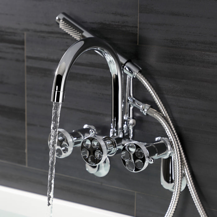 Kingston Sona AE8151RKX - Webb Three-Handle 2-Hole Adjustable Wall Mount Clawfoot Tub Faucet with Knurled Handle and Hand Shower, Polished Chrome