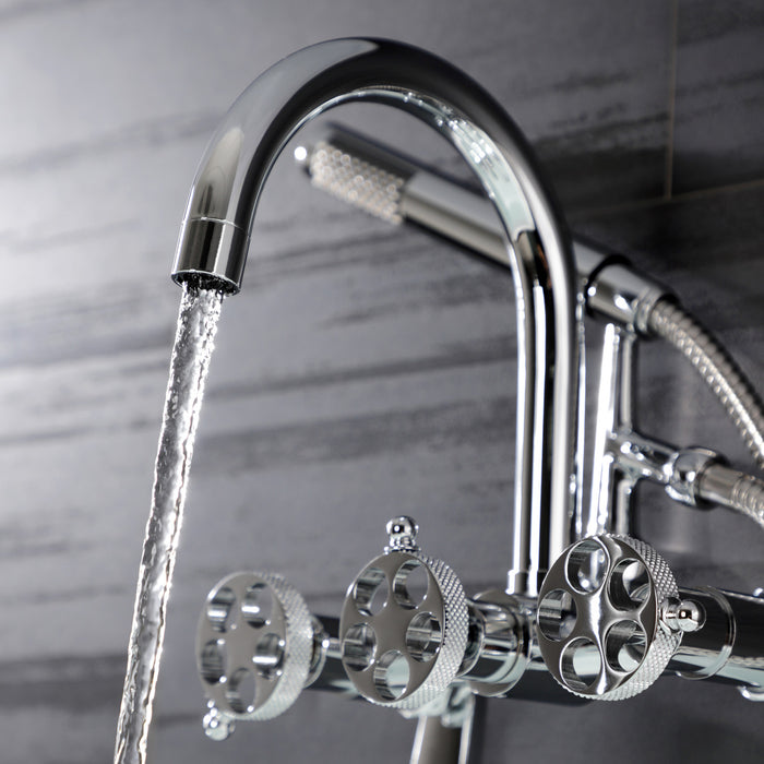 Kingston Sona AE8151RKX - Webb Three-Handle 2-Hole Adjustable Wall Mount Clawfoot Tub Faucet with Knurled Handle and Hand Shower, Polished Chrome