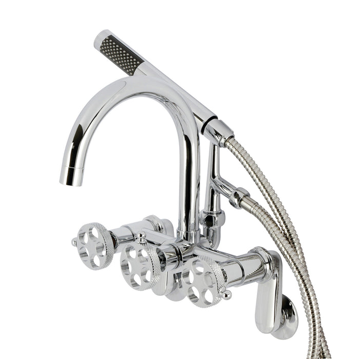 Kingston Sona AE8151RKX - Webb Three-Handle 2-Hole Adjustable Wall Mount Clawfoot Tub Faucet with Knurled Handle and Hand Shower, Polished Chrome