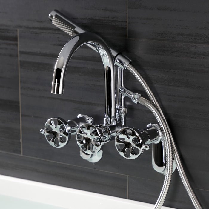 Kingston Sona AE8151RX - Belknap Three-Handle 2-Hole Tub Wall Mount Clawfoot Tub Faucet with Hand Shower, Polished Chrome