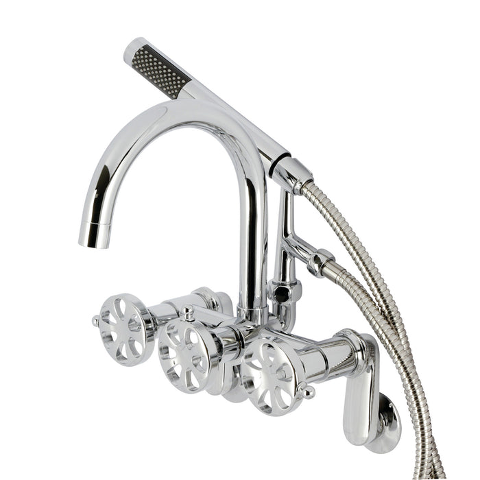 Kingston Sona AE8151RX - Belknap Three-Handle 2-Hole Tub Wall Mount Clawfoot Tub Faucet with Hand Shower, Polished Chrome