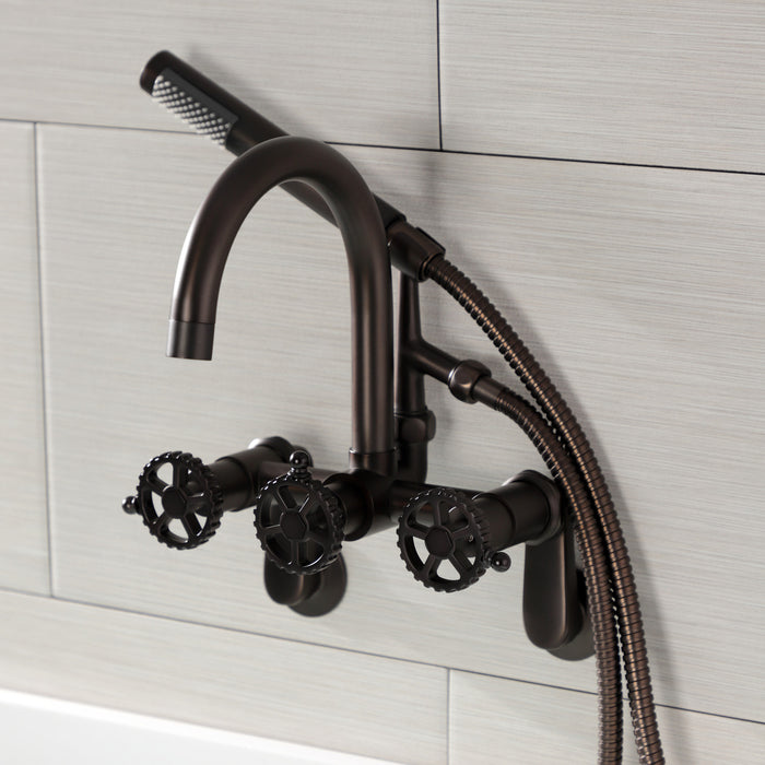 Kingston Sona AE8155CG - Fuller Three-Handle 2-Hole Tub Wall Mount Clawfoot Tub Faucet with Hand Shower, Oil Rubbed Bronze