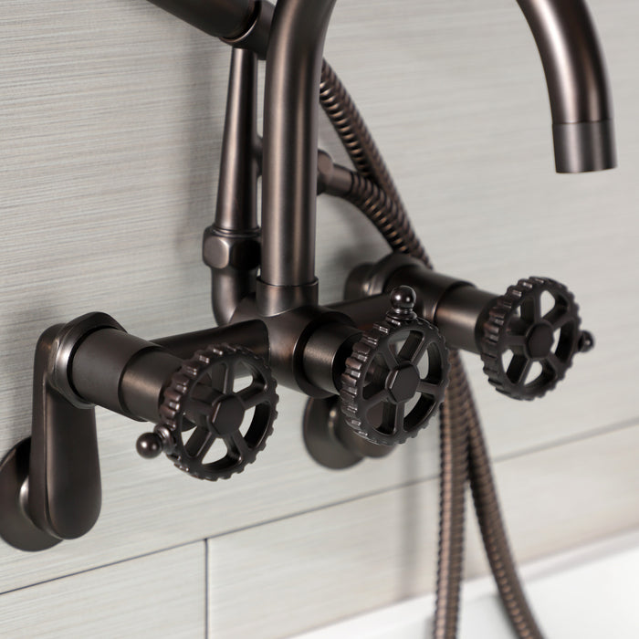 Kingston Sona AE8155CG - Fuller Three-Handle 2-Hole Tub Wall Mount Clawfoot Tub Faucet with Hand Shower, Oil Rubbed Bronze