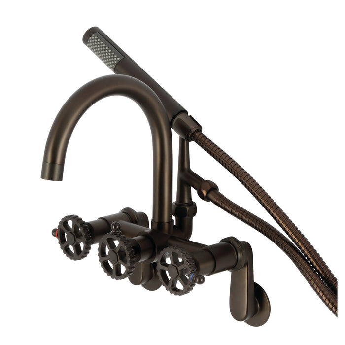 Kingston Sona AE8155CG - Fuller Three-Handle 2-Hole Tub Wall Mount Clawfoot Tub Faucet with Hand Shower, Oil Rubbed Bronze