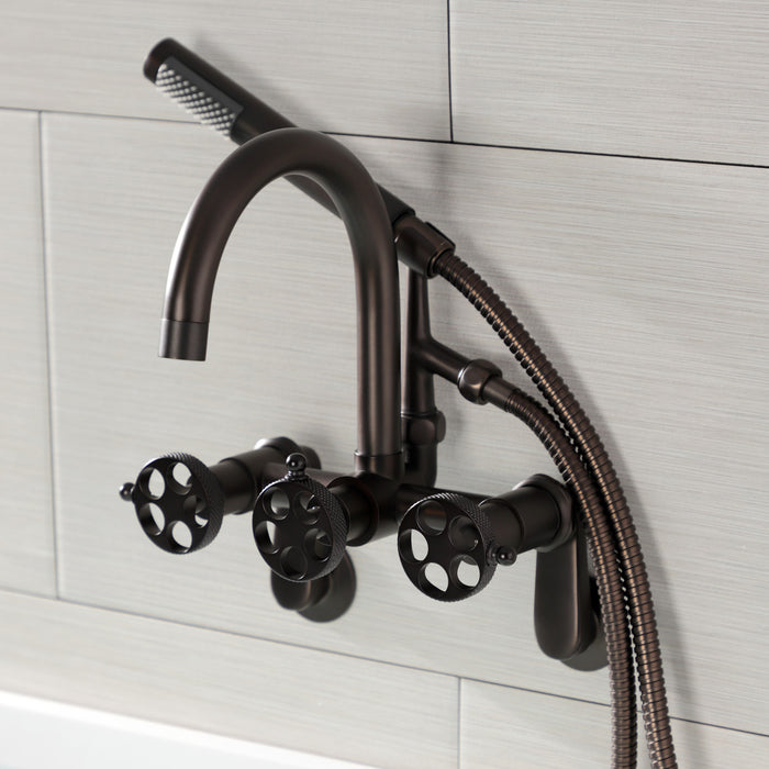 Kingston Sona AE8155RKX - Webb Three-Handle 2-Hole Adjustable Wall Mount Clawfoot Tub Faucet with Knurled Handle and Hand Shower, Oil Rubbed Bronze