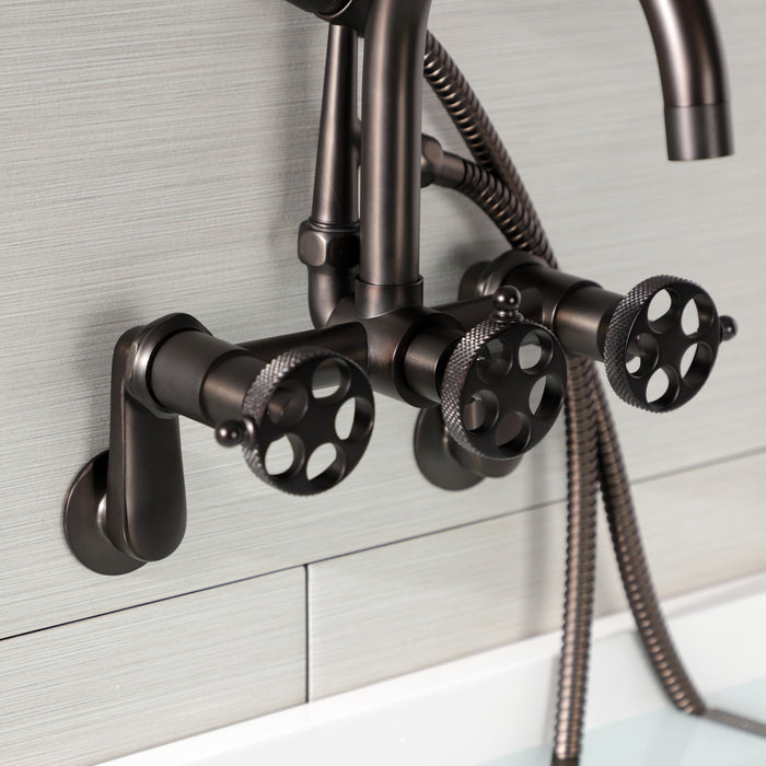 Kingston Sona AE8155RKX - Webb Three-Handle 2-Hole Adjustable Wall Mount Clawfoot Tub Faucet with Knurled Handle and Hand Shower, Oil Rubbed Bronze