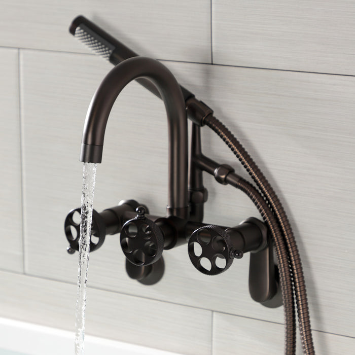 Kingston Sona AE8155RKX - Webb Three-Handle 2-Hole Adjustable Wall Mount Clawfoot Tub Faucet with Knurled Handle and Hand Shower, Oil Rubbed Bronze