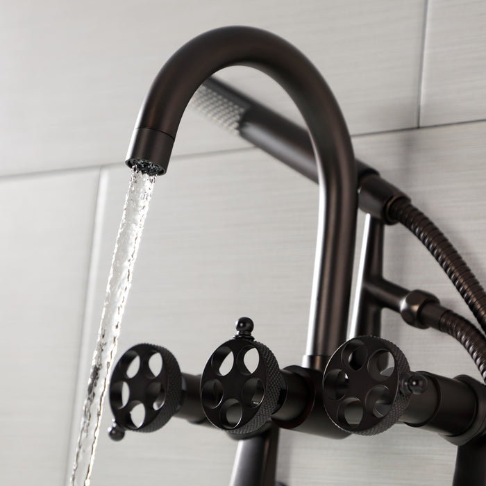 Kingston Sona AE8155RKX - Webb Three-Handle 2-Hole Adjustable Wall Mount Clawfoot Tub Faucet with Knurled Handle and Hand Shower, Oil Rubbed Bronze