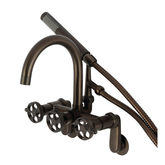 Kingston Sona AE8155RKX - Webb Three-Handle 2-Hole Adjustable Wall Mount Clawfoot Tub Faucet with Knurled Handle and Hand Shower, Oil Rubbed Bronze