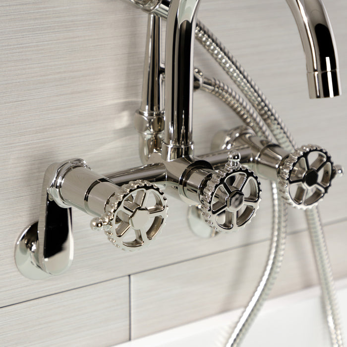 Kingston Sona AE8156CG - Fuller Three-Handle 2-Hole Tub Wall Mount Clawfoot Tub Faucet with Hand Shower, Polished Nickel