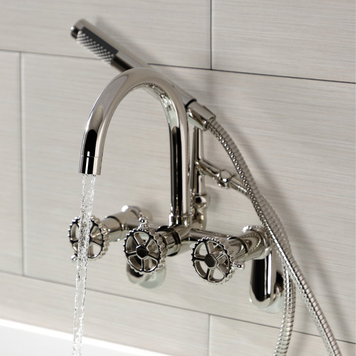 Kingston Sona AE8156CG - Fuller Three-Handle 2-Hole Tub Wall Mount Clawfoot Tub Faucet with Hand Shower, Polished Nickel