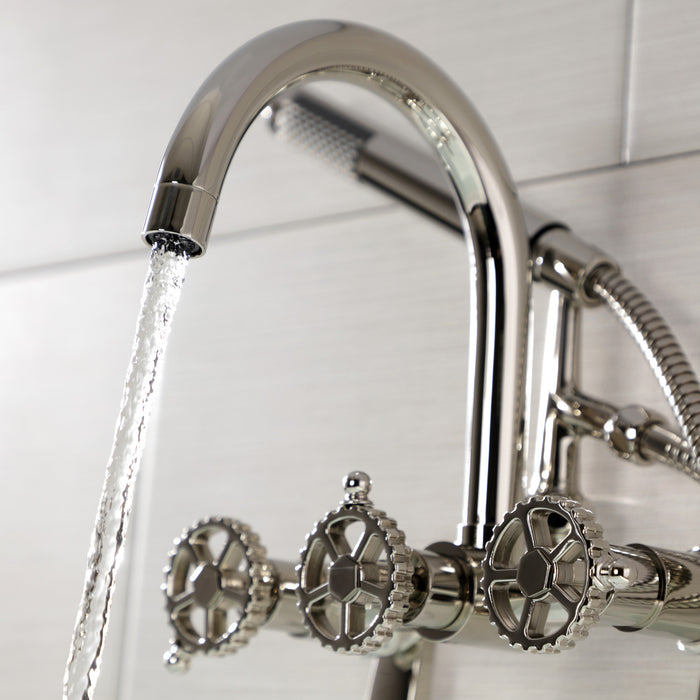 Kingston Sona AE8156CG - Fuller Three-Handle 2-Hole Tub Wall Mount Clawfoot Tub Faucet with Hand Shower, Polished Nickel