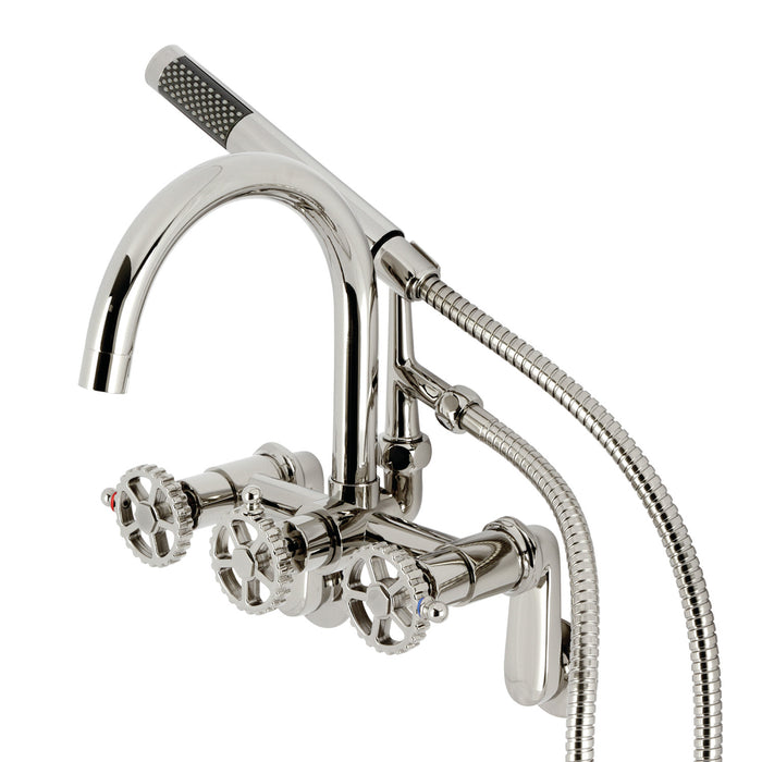 Kingston Sona AE8156CG - Fuller Three-Handle 2-Hole Tub Wall Mount Clawfoot Tub Faucet with Hand Shower, Polished Nickel