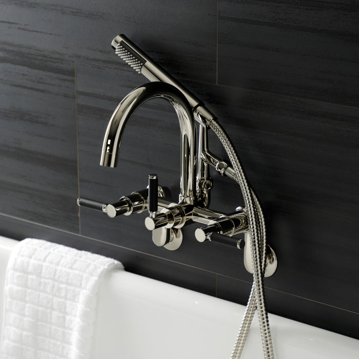 Kingston Sona AE8156DKL - Kaiser Three-Handle 2-Hole Tub Wall Mount Clawfoot Tub Faucet with Hand Shower, Polished Nickel
