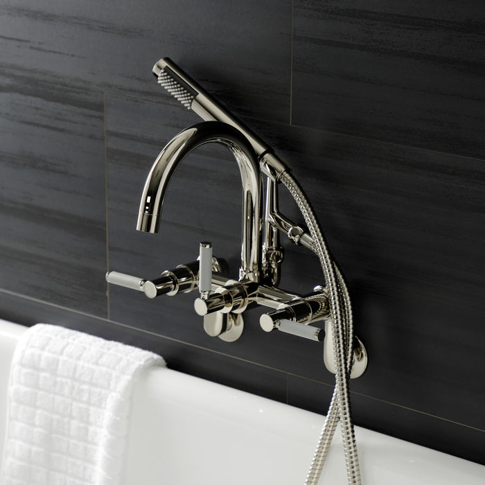 Kingston Sona AE8156DKL - Kaiser Three-Handle 2-Hole Tub Wall Mount Clawfoot Tub Faucet with Hand Shower, Polished Nickel