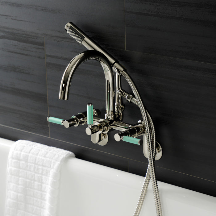 Kingston Sona AE8156DKL - Kaiser Three-Handle 2-Hole Tub Wall Mount Clawfoot Tub Faucet with Hand Shower, Polished Nickel