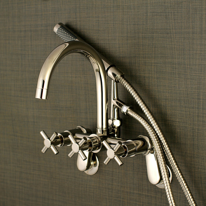 Kingston Sona AE8156DX - Concord Three-Handle 2-Hole Tub Wall Mount Clawfoot Tub Faucet with Hand Shower, Polished Nickel