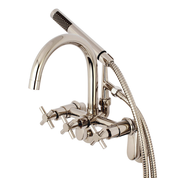 Kingston Sona AE8156DX - Concord Three-Handle 2-Hole Tub Wall Mount Clawfoot Tub Faucet with Hand Shower, Polished Nickel