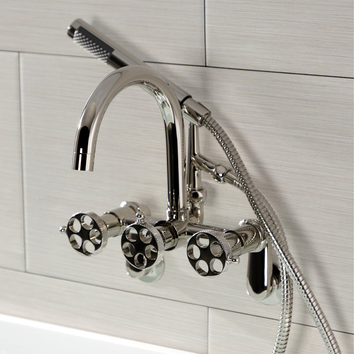 Kingston Sona AE8156RKX - Webb Three-Handle 2-Hole Adjustable Wall Mount Clawfoot Tub Faucet with Knurled Handle and Hand Shower, Polished Nickel