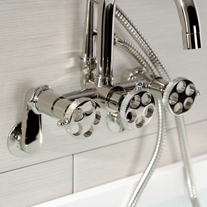 Kingston Sona AE8156RKX - Webb Three-Handle 2-Hole Adjustable Wall Mount Clawfoot Tub Faucet with Knurled Handle and Hand Shower, Polished Nickel