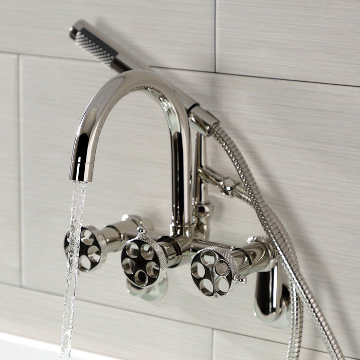 Kingston Sona AE8156RKX - Webb Three-Handle 2-Hole Adjustable Wall Mount Clawfoot Tub Faucet with Knurled Handle and Hand Shower, Polished Nickel