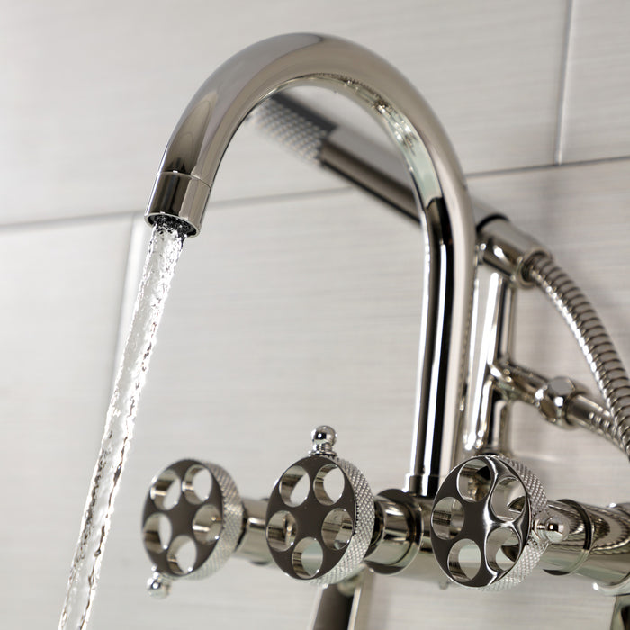 Kingston Sona AE8156RKX - Webb Three-Handle 2-Hole Adjustable Wall Mount Clawfoot Tub Faucet with Knurled Handle and Hand Shower, Polished Nickel