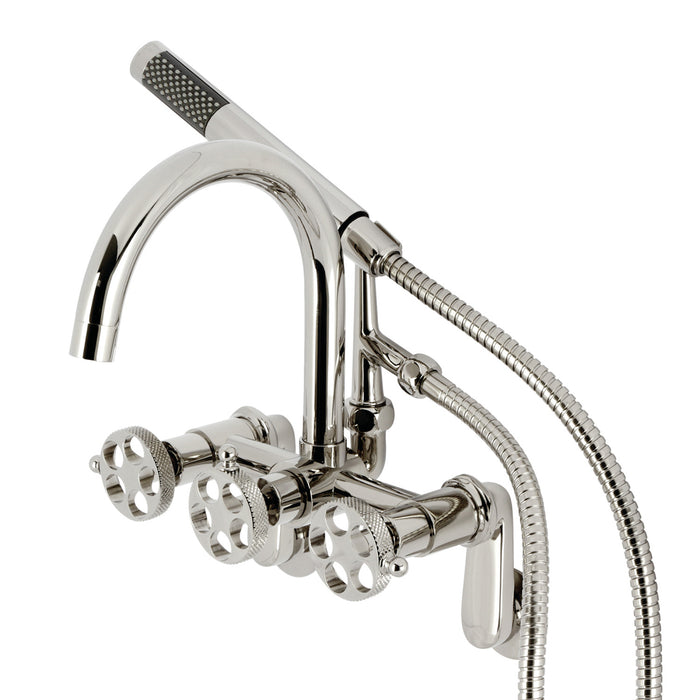 Kingston Sona AE8156RKX - Webb Three-Handle 2-Hole Adjustable Wall Mount Clawfoot Tub Faucet with Knurled Handle and Hand Shower, Polished Nickel