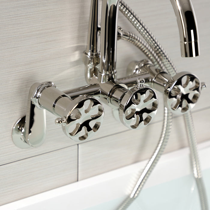 Kingston Sona AE8156RX - Belknap Three-Handle 2-Hole Tub Wall Mount Clawfoot Tub Faucet with Hand Shower, Polished Nickel