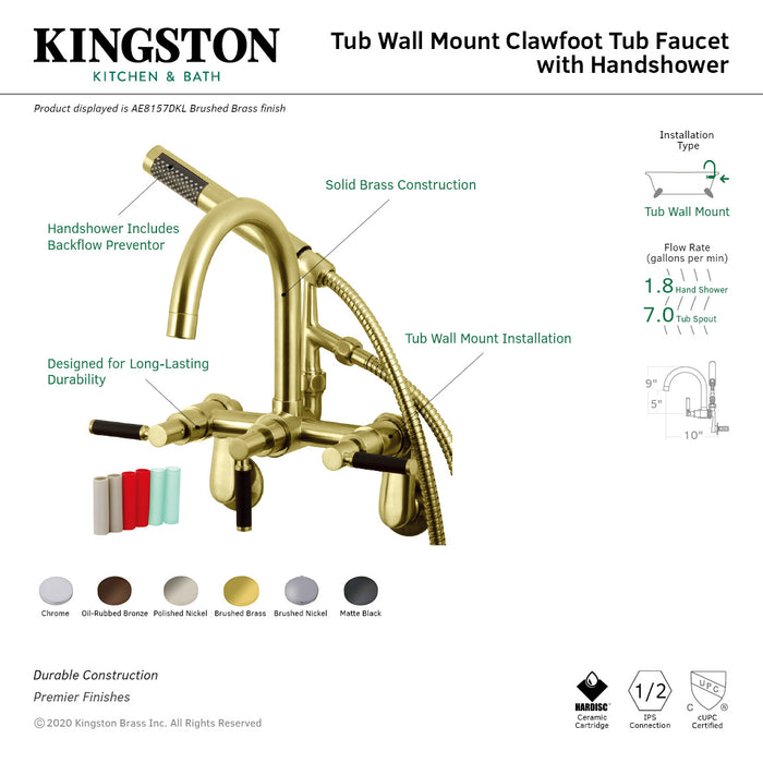 Kingston Sona AE8157DKL - Kaiser Three-Handle 2-Hole Tub Wall Mount Clawfoot Tub Faucet with Hand Shower, Brushed Brass
