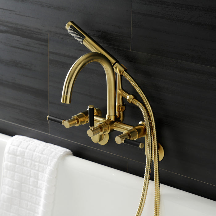 Kingston Sona AE8157DKL - Kaiser Three-Handle 2-Hole Tub Wall Mount Clawfoot Tub Faucet with Hand Shower, Brushed Brass