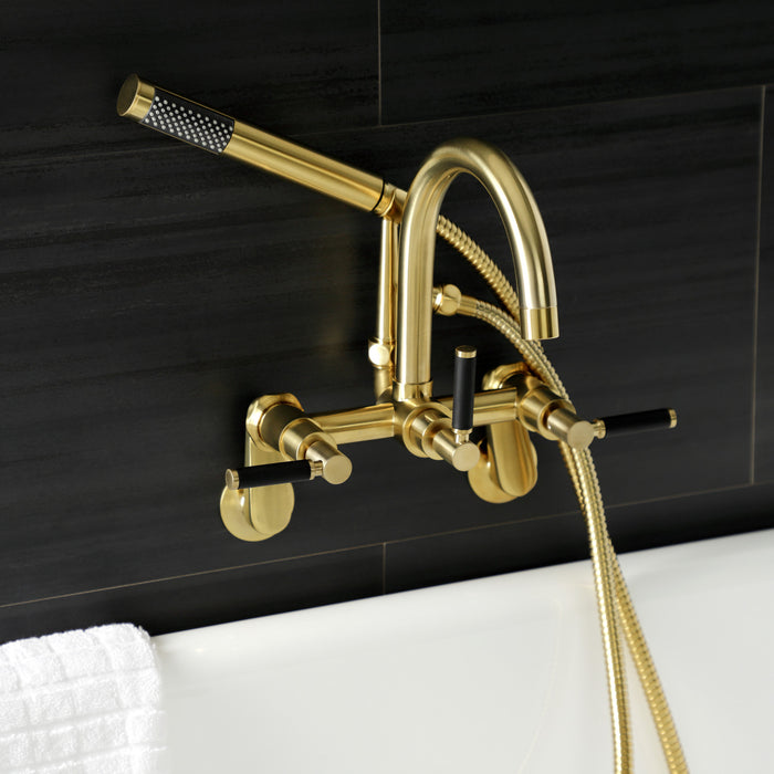 Kingston Sona AE8157DKL - Kaiser Three-Handle 2-Hole Tub Wall Mount Clawfoot Tub Faucet with Hand Shower, Brushed Brass