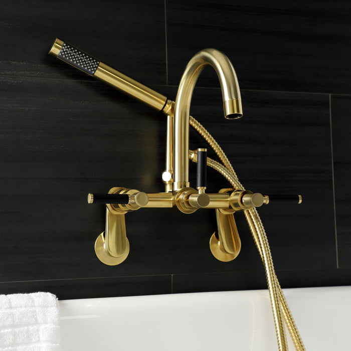 Kingston Sona AE8157DKL - Kaiser Three-Handle 2-Hole Tub Wall Mount Clawfoot Tub Faucet with Hand Shower, Brushed Brass