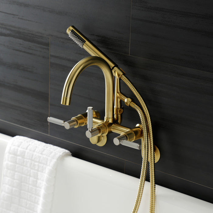 Kingston Sona AE8157DKL - Kaiser Three-Handle 2-Hole Tub Wall Mount Clawfoot Tub Faucet with Hand Shower, Brushed Brass